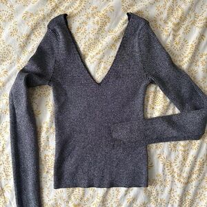 H&M silver sparkly deep V neck long sleeve fitted top